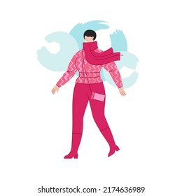Walking plus size woman in warm clothes