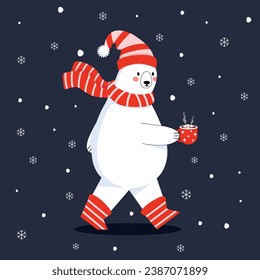 walking polar bear holding a hot cocoa mug and wearing a hat and scarf. Snow falls in the background. flat vector illustration
