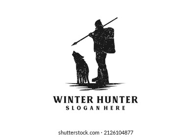 Walking Polar Hunter bring a spear with Wolf Silhouette Vintage Rustic Hand drawn Logo design