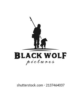 Walking Polar Hunter bring a spear with Wolf Silhouette Vintage Rustic Hand drawn Logo design