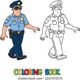 Walking policeman in uniform and glasses. Coloring book. Vector character. Children vector black and white illustration