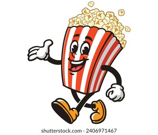 caminar Sonrisa Popcorn caricatura mascota ilustración personaje vectorial imagen clip dibujada a mano