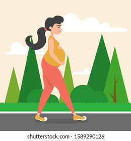 Walking pregnant woman portrait vector illustration. Young mom, pregnancy time. Happy mother expecting baby. Beauty and motherhood. Girl walking in the park.