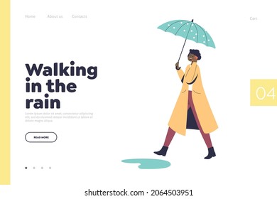 Walking in rain concept of landing page with stylish woman in coat strolling under umbrella in rainy day. Female protecting from rainfall outdoors. Cartoon flat vector illustration