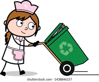 Walking with Recycle Bin - Retro Cartoon Waitress Female Chef Vector Illustration