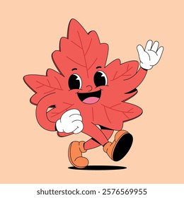 Walking red leaf retro cartoon