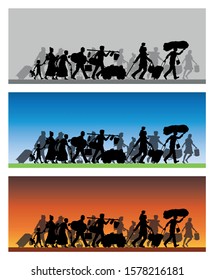 Walking refugees silhouette with different backgrounds. The silhouette objects and backgrounds are in different layers. 