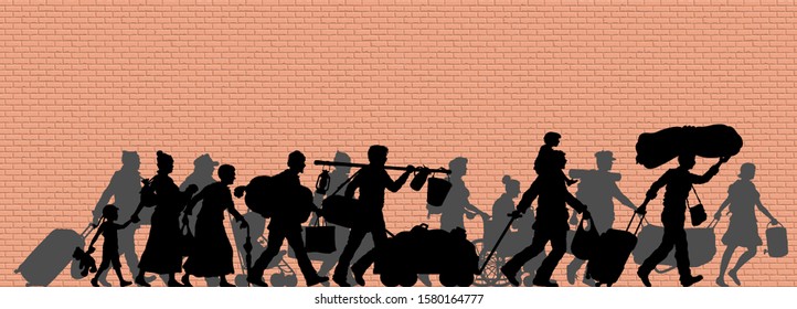 Walking refugees silhouette in front of brick Wall. The silhouette objects and background are in different layers. 