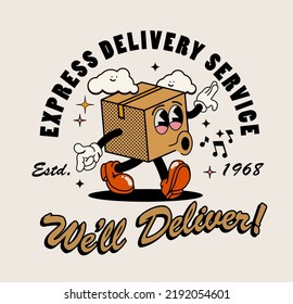 Walking retro cartoon delivery box package character as delivery service concept illustration. Vector illustration