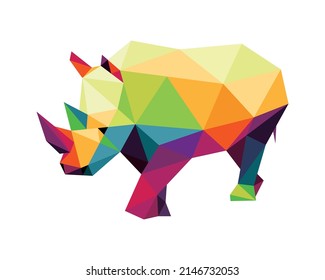 Walking Rhino in Colorful Polygon. Colorful Low Poly Abstract of Rhinoceros. Rhino colorful logo