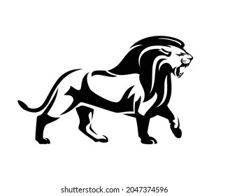 walking and roaring african lion with big mane side view outline - wild animal black and white vector design