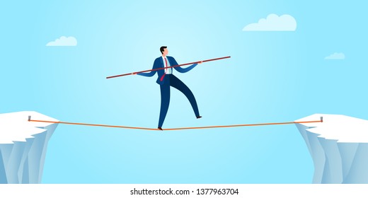 Walking in a rope with a balancing pole to gain business stability. Business concept illustration.