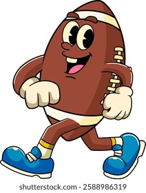 Walking Rugby Ball Sports mascot cartoon character in Vintage Style