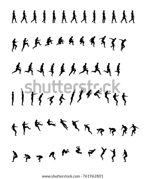 歩く 走る バックフリップする ジョギングする ジャンプする 軽業 スポーツ 健康 男性の女性のアニメーション フレーム ウォーク ラン ジャンプアクションベクターイラスト単純な線のアイコンピクトグラム のベクター画像素材 ロイヤリティフリー