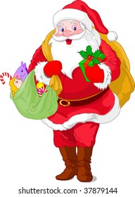 Walking  Santa Claus carrying his gift bag.  Isolated on a white background.