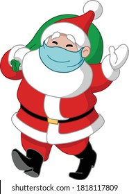 Walking Santa Claus with medical mask over his mouth carrying gift sack and waving hello