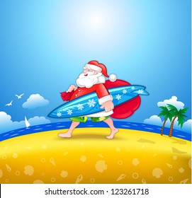 Walking Santa with surfboard