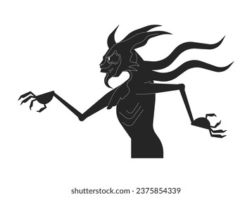 Walking scary monster with horns and tentacles black and white 2D line cartoon character. Demon creature with gills isolated vector outline personage. Mythological monochromatic flat spot illustration