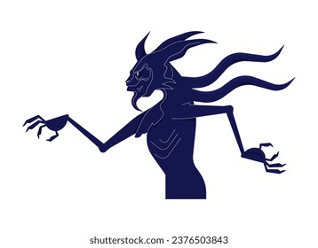 Walking scary monster with horns and tentacles 2D linear cartoon character. Demon creature with gills isolated line vector personage white background. Mythological monster color flat spot illustration