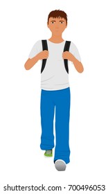 Walking schoolboy with schoolbag behind his back isolated on a white background. Vector illustration.