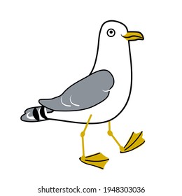 Walking seagull vector doodle illustration isolated on white background. Comic cartoon character seabird gull for t-shirt, print, card design.