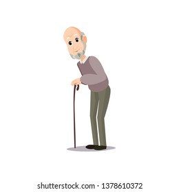 Walking senior man in wood walking stick at city park