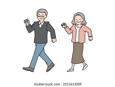 Walking senior men and women set Illustration of simple lines