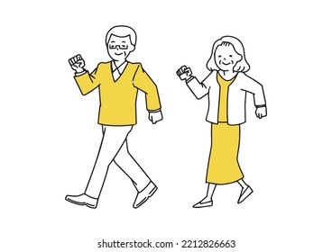 Walking senior men and women set Illustration of simple lines