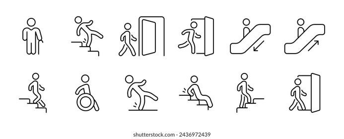 Walking set icon. Elderly people, cripples, people with physical disabilities, falling, exiting, entering, descent, ascent, lift, escalator. Vector line icon on white background.