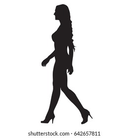Walking sexy woman in two-piece swimsuits goes in high heel boots from profile, side view vector silhouette