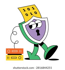 Walking shield character with a keyhole, representing encrypted information and protected digital records.