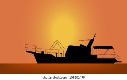 The walking ship in the sea in the twilight of day