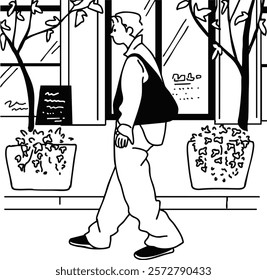 walking shopping sideways male vector line drawing