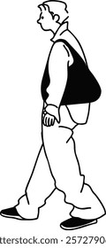 walking shopping sideways male vector line drawing