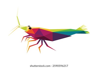 Walking Shrimp Lobster in Colorful Low Poly Vector. Colorful Polygonal Abstract Illustration of Shrimp Animal. Vector Logo of Shrimp for kids book