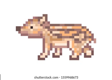 Walking side view brown striped wild boar piglet, pixel art character isolated on white background. 8 bit forest animal icon. Old school vintage retro slot machine/video game graphics. Baby swine.