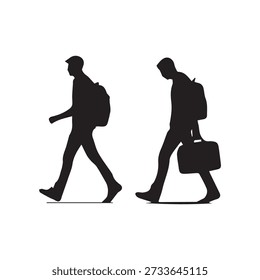 Siluetas que caminan, hombres con las mochilas, maletín, viaje urbano, vida de la ciudad, gente que camina, peatón