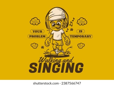 Walking and singing. Vintage retro illustration of a walking boy wearing headset