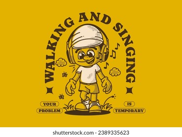 Walking and singing. Vintage retro illustration of a walking boy wearing headset