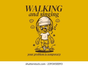 Walking and singing. Vintage retro illustration of a walking boy wearing headset