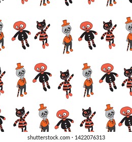 Walking skull and demon cat  Seamless Halloween Background 
