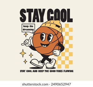 Walking smiled basketball mascot character with checkerboard background and stay cool slogan. illustration for t-shirt print, sticker, poster design and etc. Retro vector illustration