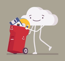 Walking And Smiling Full Length Cloud Pushing Trash Bin With Old Memory, Disk, Diskette, Useless Digital Information, Lack Of Storage Capacity, End Of Data Archiving, Delete And Cleaning, Metaphor