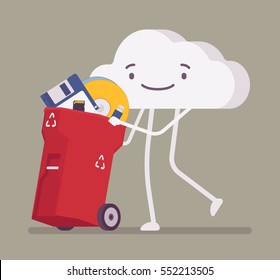 Walking And Smiling Full Length Cloud Pushing Trash Bin With Old Memory, Disk, Diskette, Useless Digital Information, Lack Of Storage Capacity, End Of Data Archiving, Delete And Cleaning, Metaphor