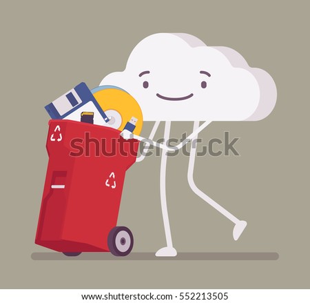 Walking and smiling full length cloud pushing trash bin with old memory, disk, diskette, useless digital information, lack of storage capacity, end of data archiving, delete and cleaning, metaphor