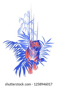 Walking and snarling tiger surrounded by tropical leaves. Vector exotic illustration