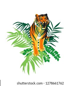 Walking and snarling tiger surrounded by tropical leaves. Vector exotic illustration