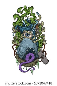 The walking sneaker monster.Vector illustration on white background. Boot with green smoke