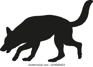 Walking and sniffing german shepherd dog puppy. Black dog silhouette. Pet animals. Isolated on a white background. Vector illustration.