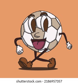 walking soccer ball foot ball mascot vector illustration with face. for vintage retro logos and branding. funky vintage style cartoon face vector illustration